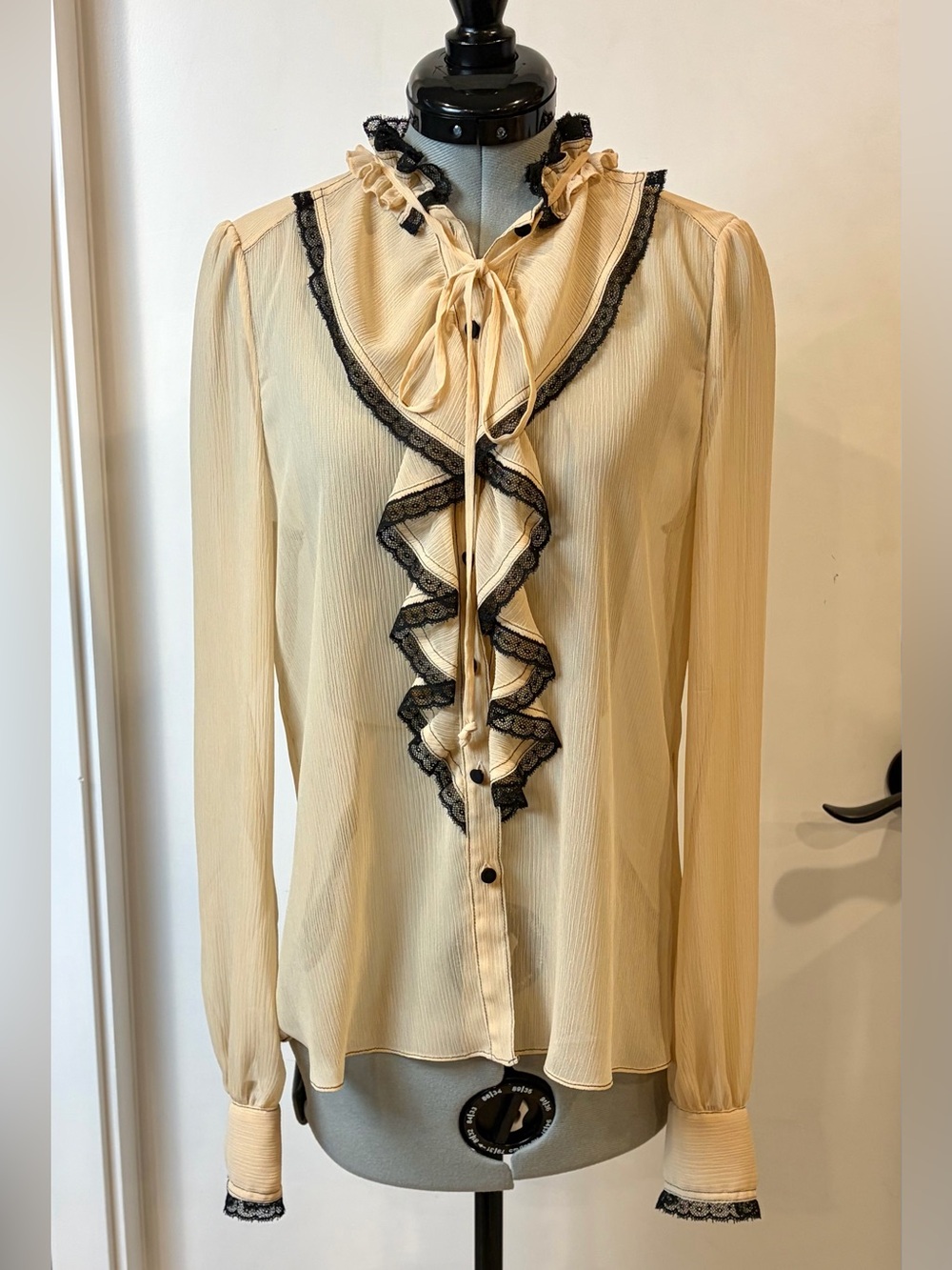 Alexis Ximena Sheer Ruffle Blouse, Black Lace Accents, sz S, EUC - Picture 7 of 12